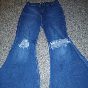 Vibrant Distressed Blue Flare Jeans